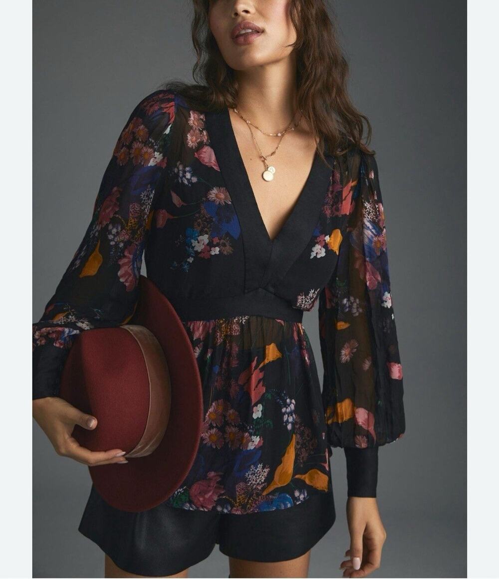 Anthropologie Maeve Floral Chiffon Blouse Open Back Tunic cottagecore size 14